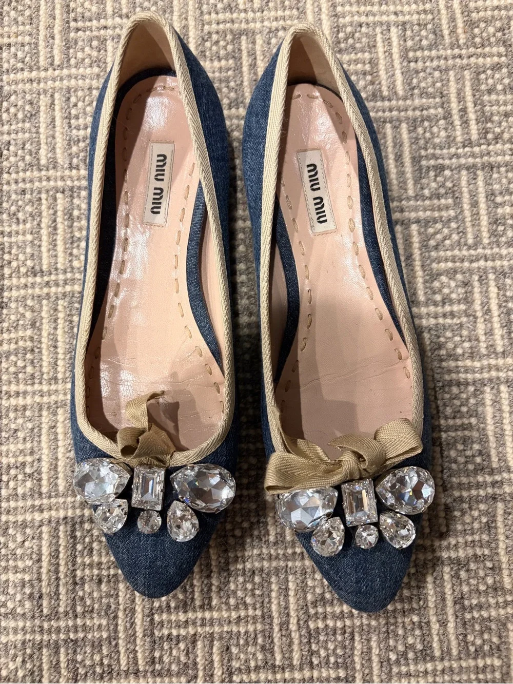 Miu Miu Denim Pointed Flats with Crystal Bow Accents